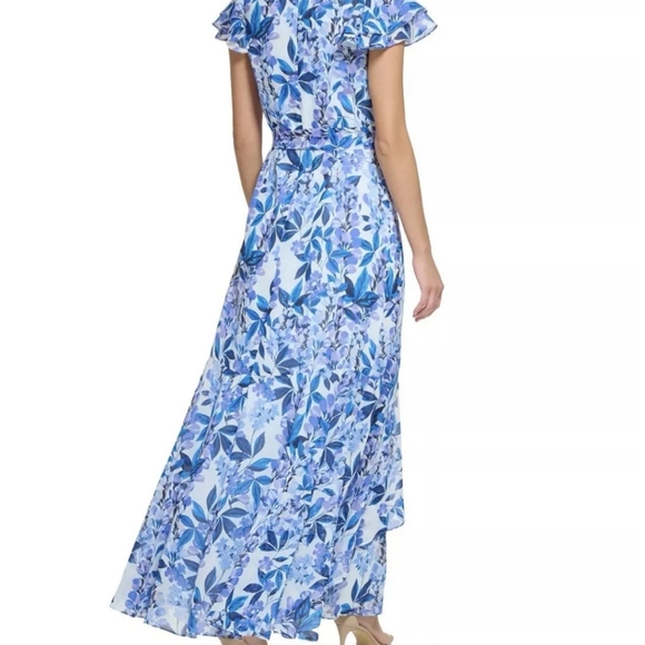 NWT Eliza J Blue Floral V-Neck Flutter Sleeve Ruffle Waist Tie Formal Maxi Dress - Picture 3 of 16